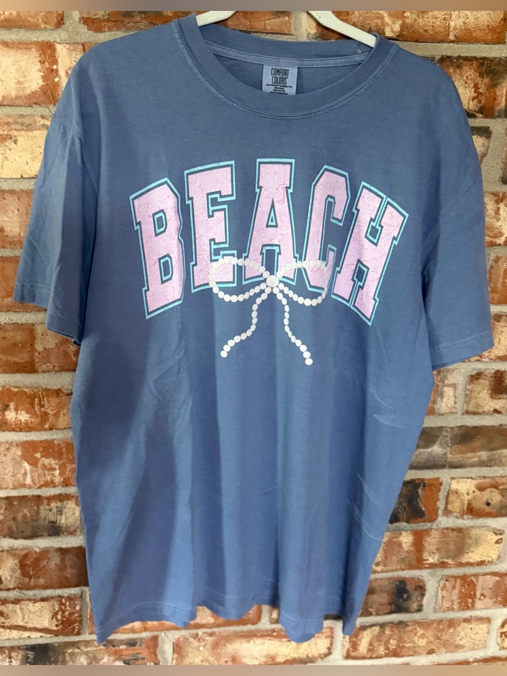 Comfort Colors Blue 'BEACH' Short Sleeve Tee with Pink Lettering